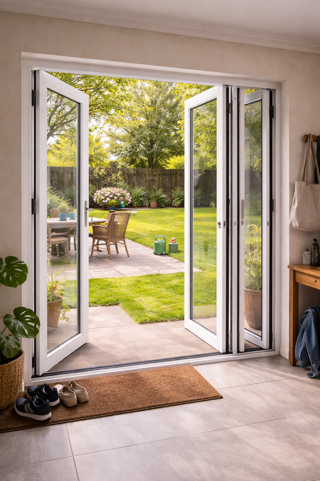 A bifold door system partially open showing the traffic door in use (everyday context, not a fully styled display sho