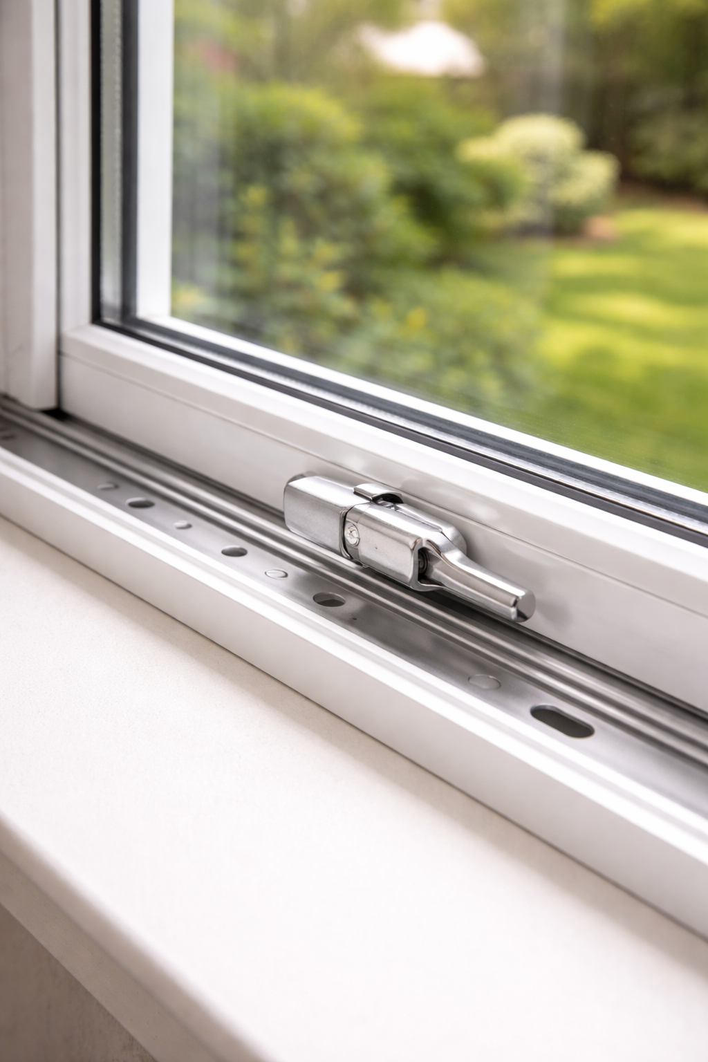 A close-up of a uPVC sliding window track and locking hardware