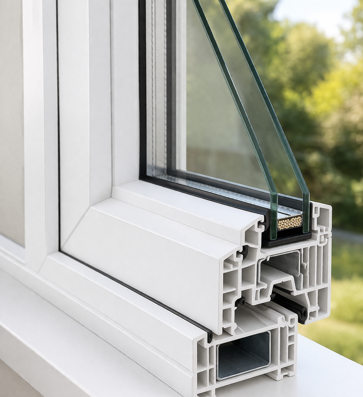 A close-up of uPVC frame and double glazed unit detail