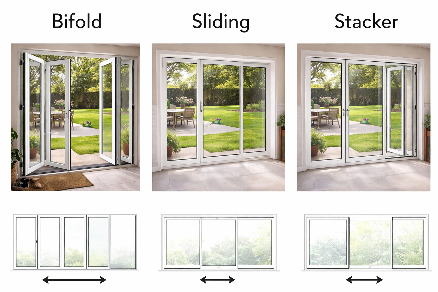 A comparison shot or diagram showing bifold vs sliding vs stacker configurations