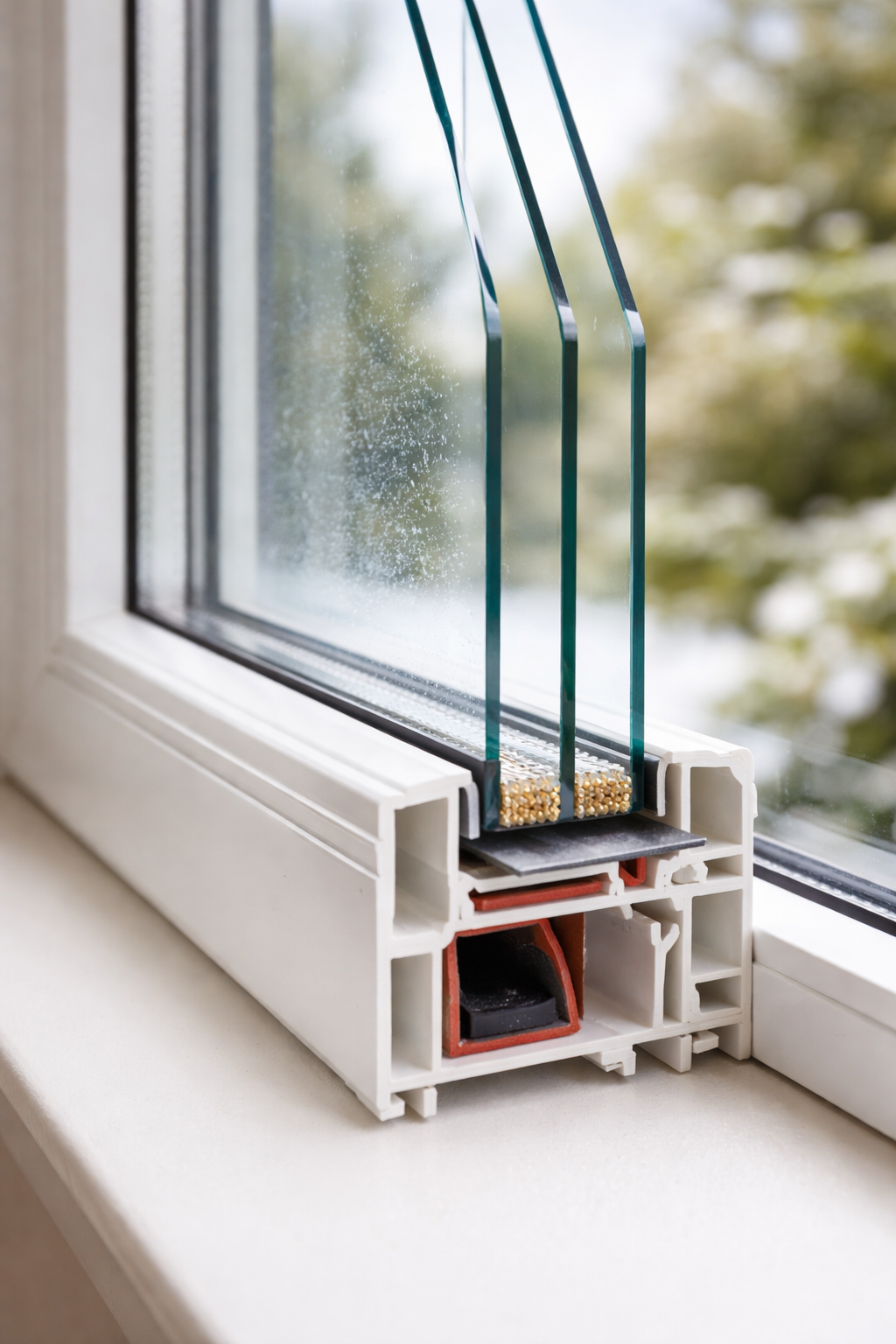 Close-up cross-section showing double glazed unit with visible air gap