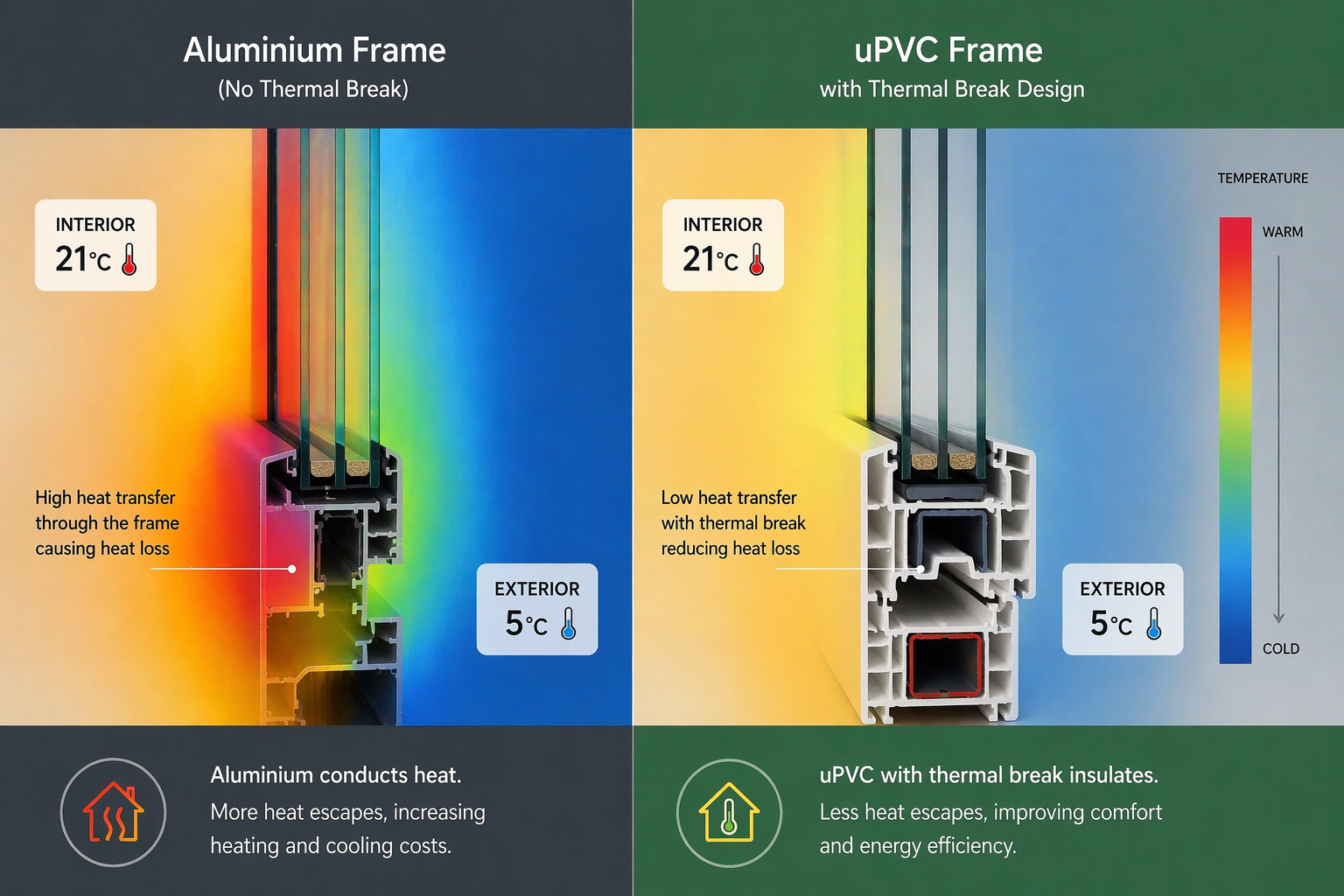 Thermal comparison showing heat loss difference between aluminium and uPVC window frames