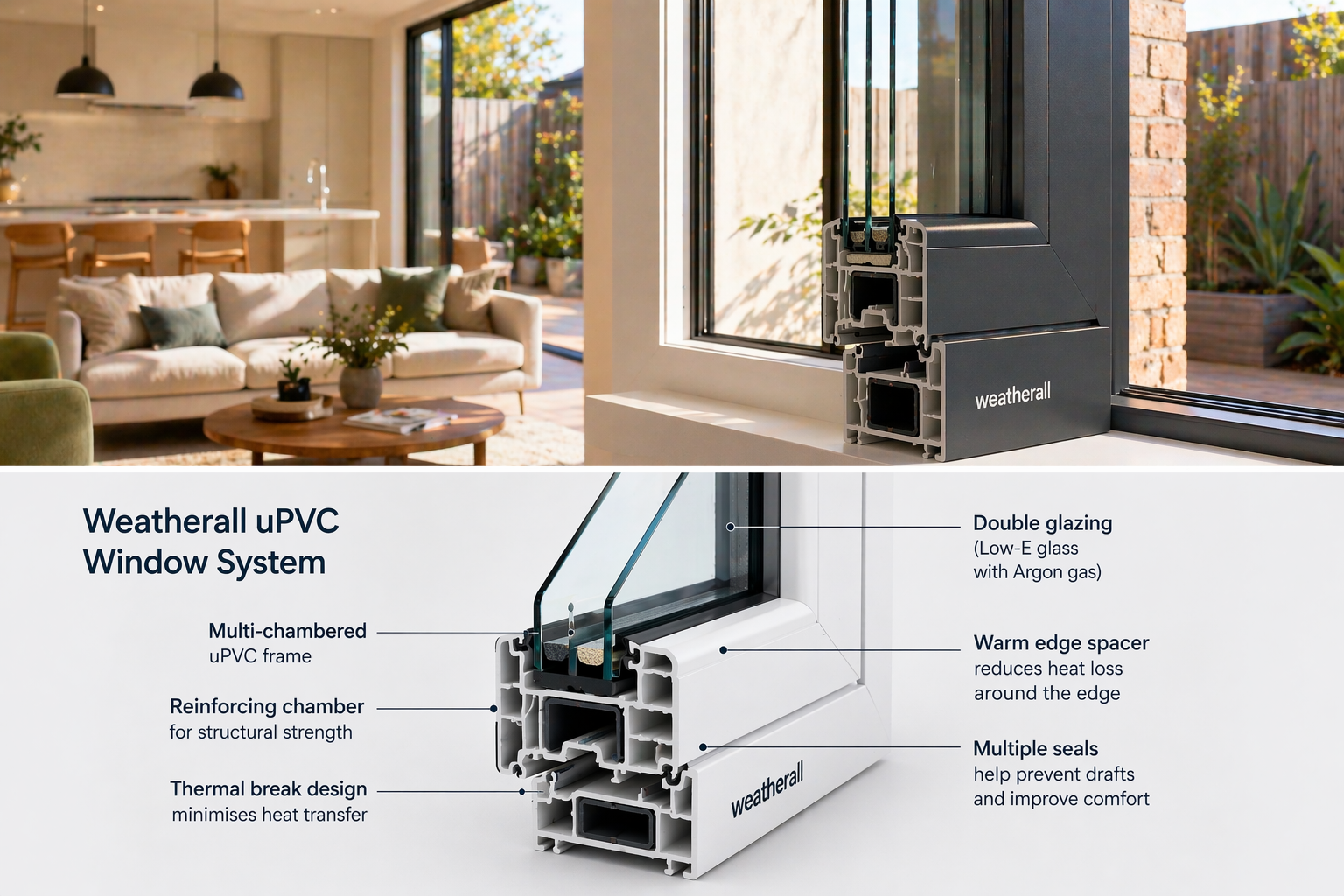 Weatherall installation in a contemporary Melbourne home showing the window profile clearly, ideally with the living space behind to conve