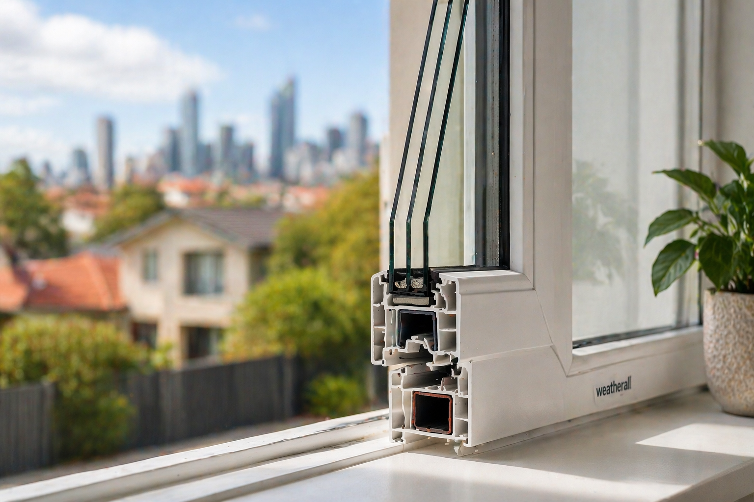 Weatherall uPVC double-glazed window in a Melbourne home, showing the thermal break frame design