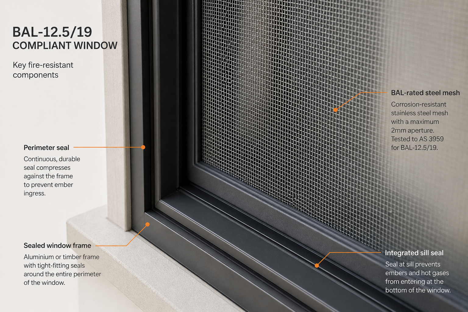 Fire-resistant window diagram with details