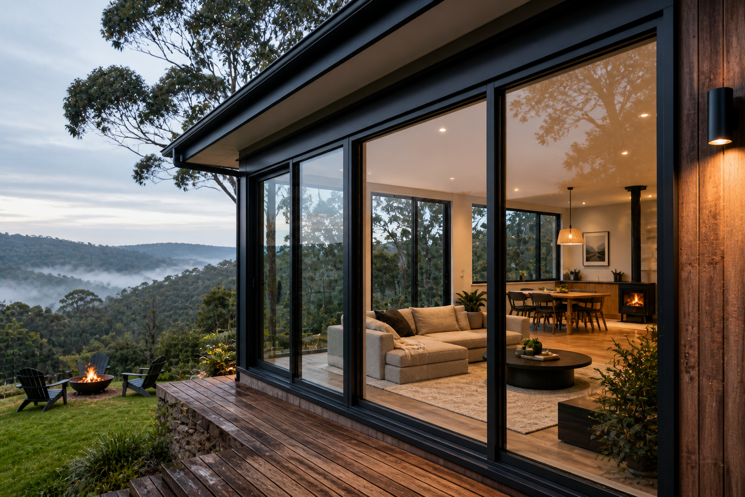 Modern home in misty woodland setting
