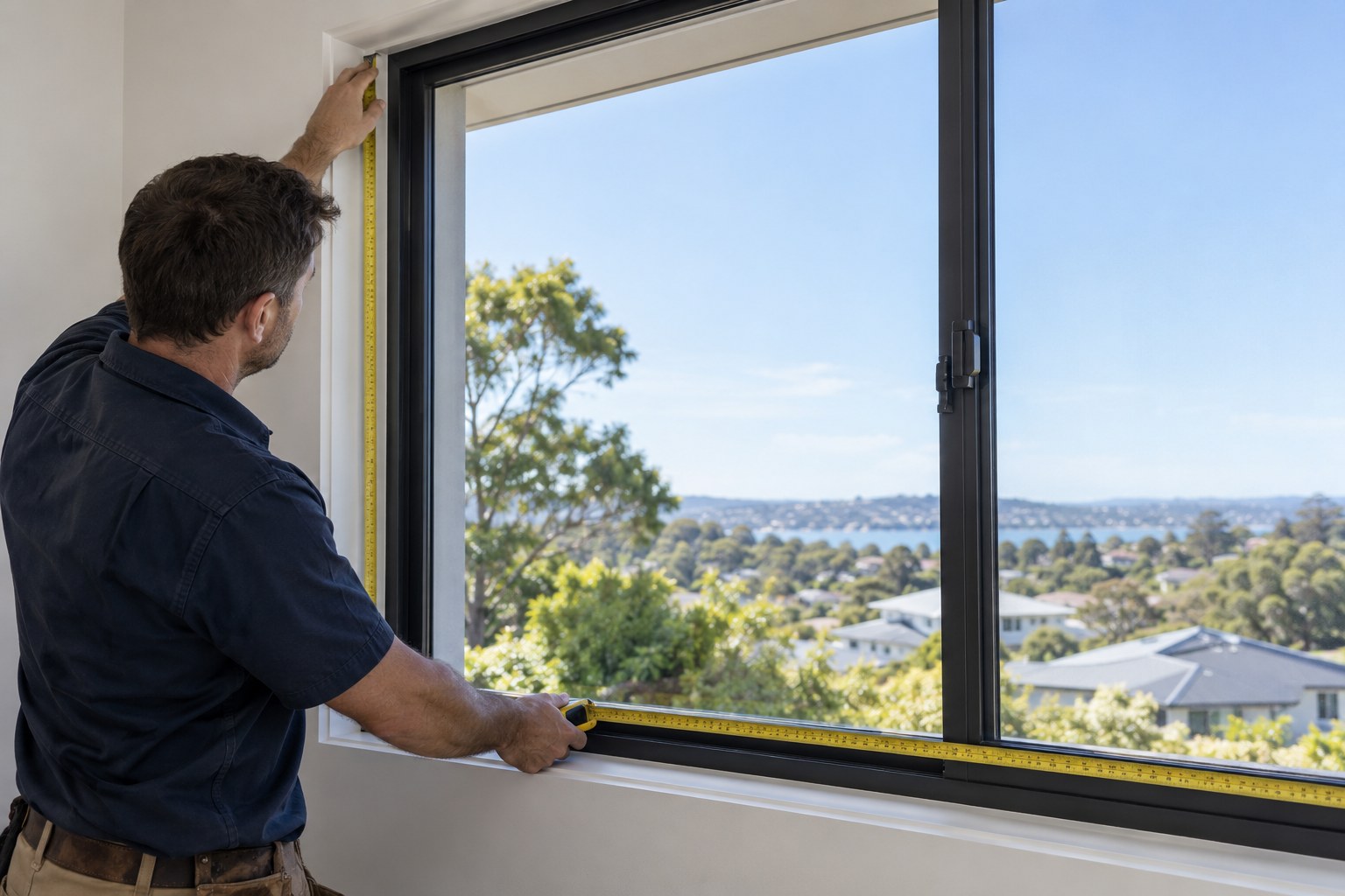 Tradesperson measuring the dimensions of a residential window opening