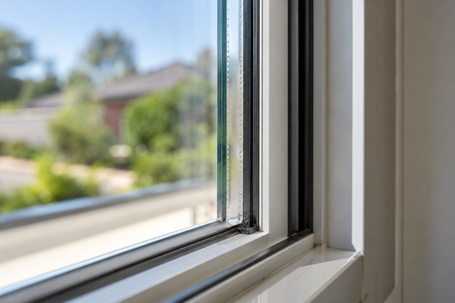 Close view of the two panes and edge spacer of a double-glazed window