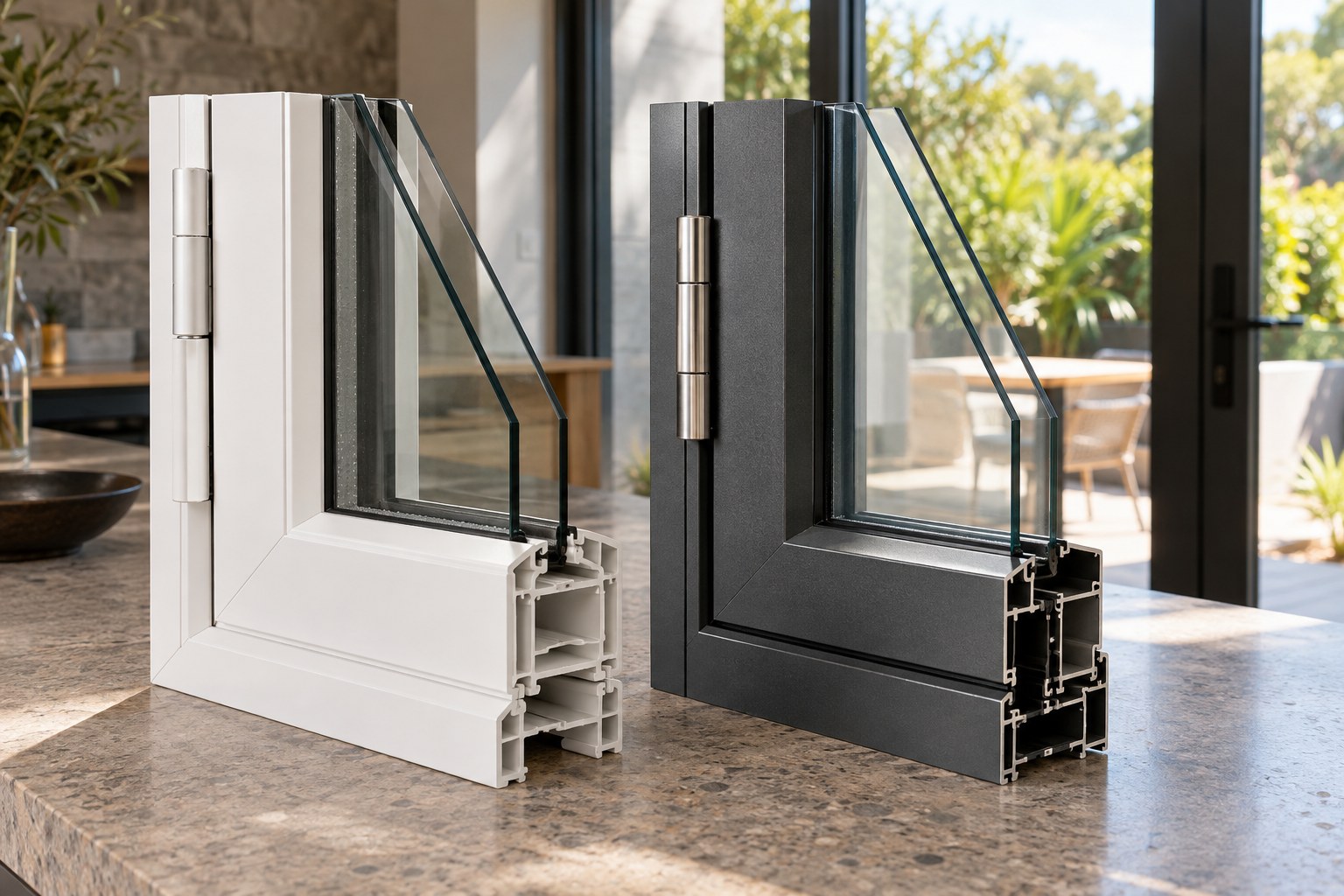White uPVC and dark aluminium glazed frame samples displayed together