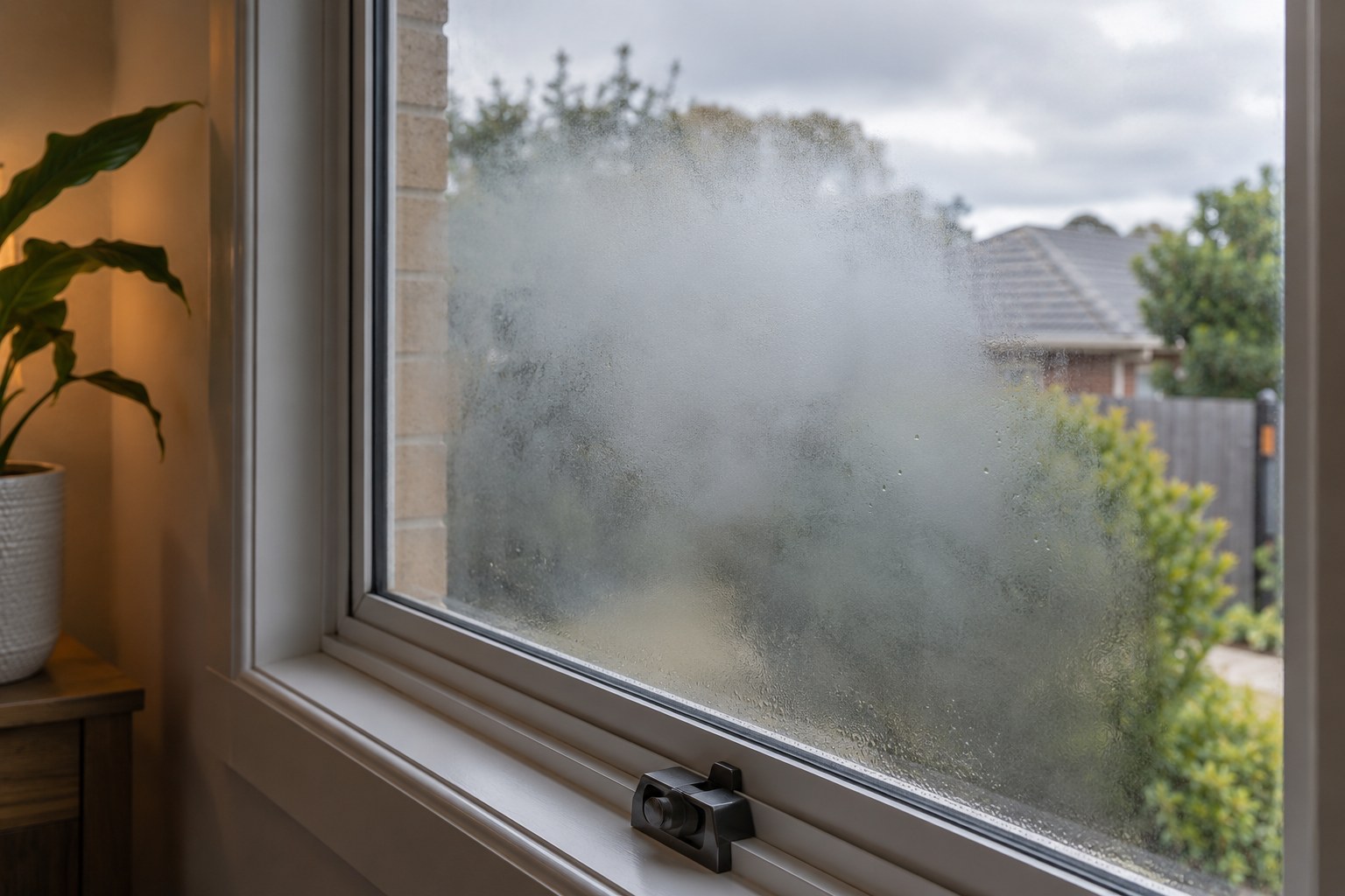 Cloudy condensation visible between the panes of a failed glazed window