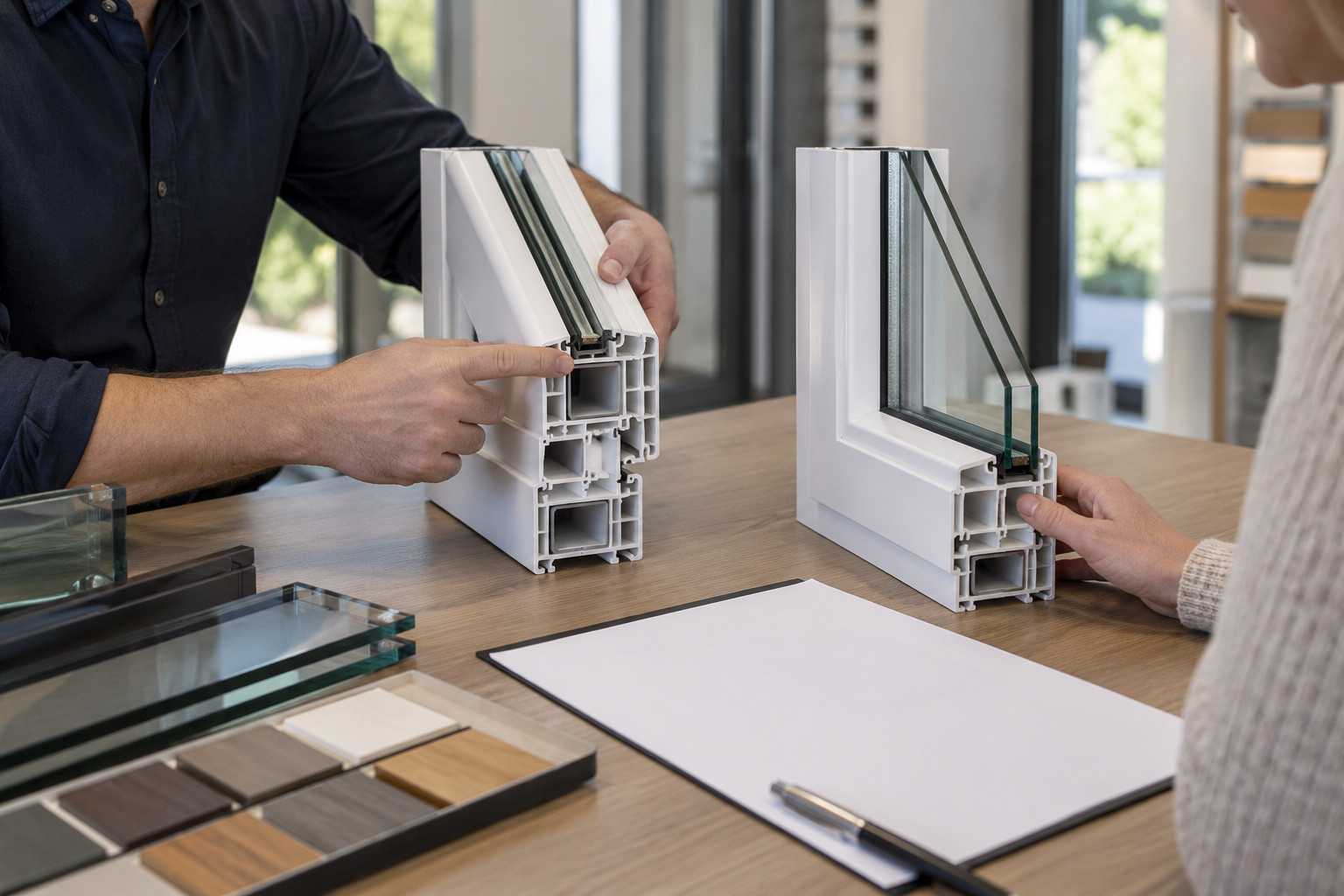 Window profile samples being compared across a showroom desk