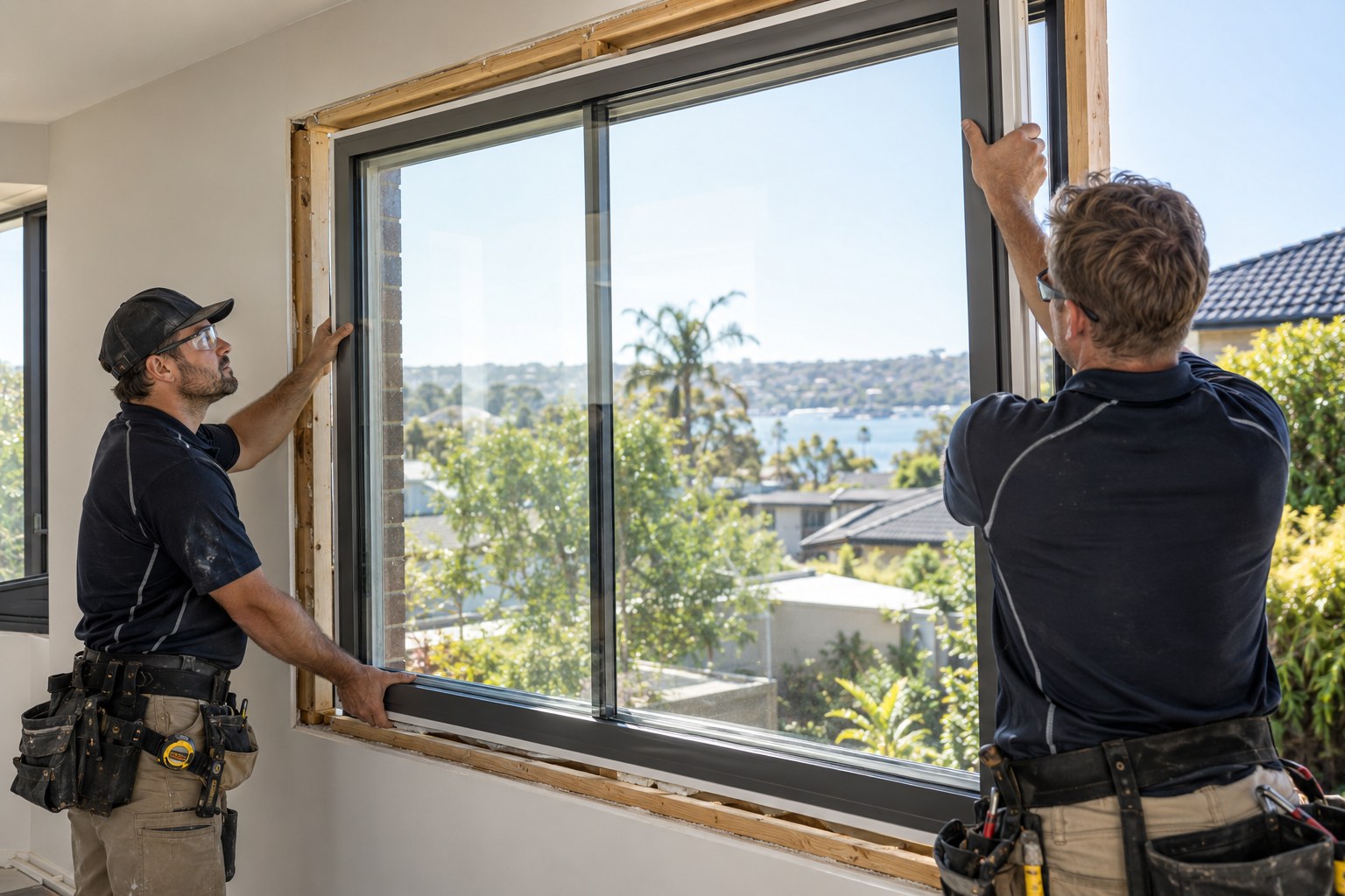 Two installers fitting a large glazed window into a home