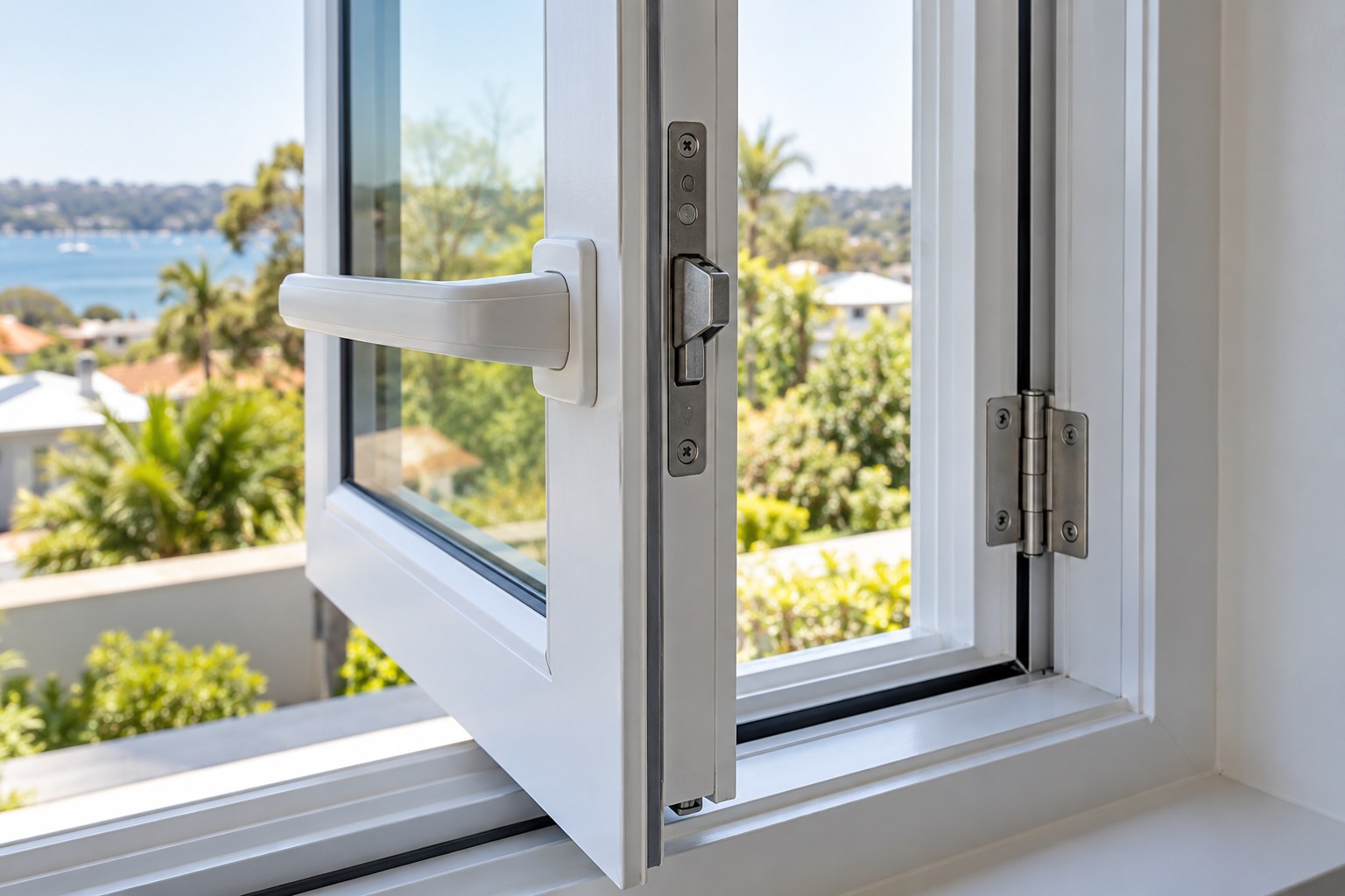 Close view of the handle and locking hardware of a white casement window