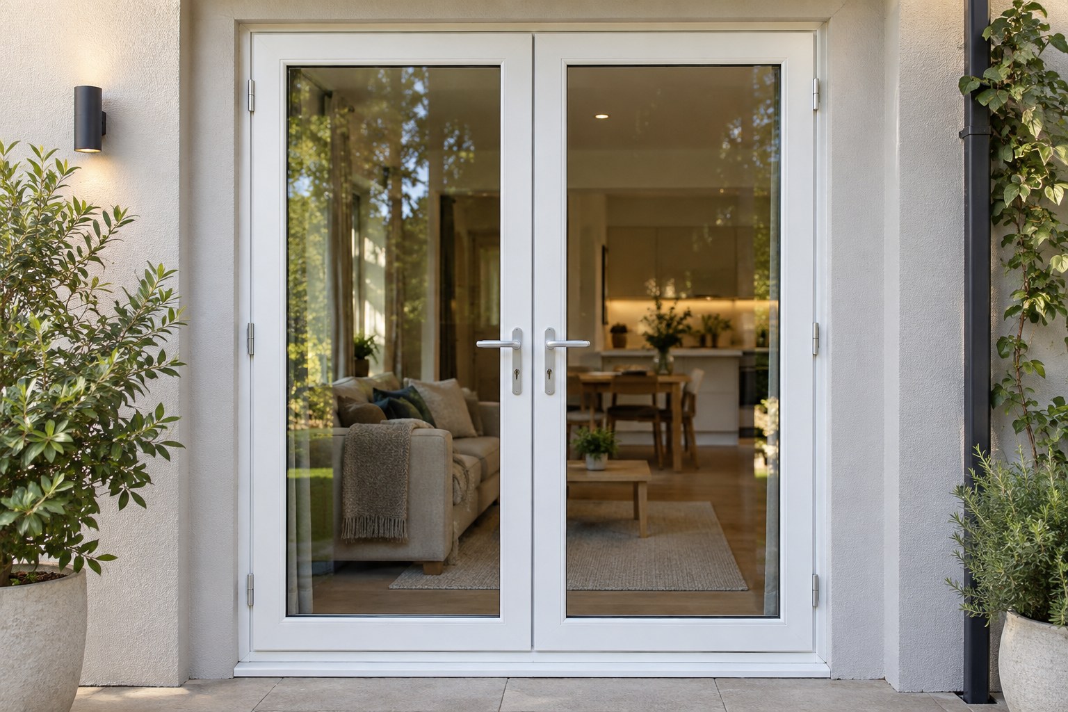 Closed white uPVC French doors showing their central meeting joint
