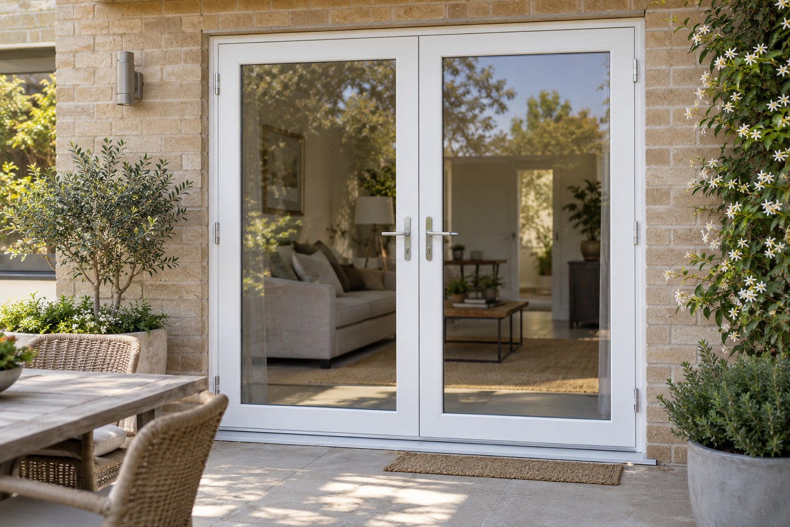 Wide white French doors fitted into a brick patio opening