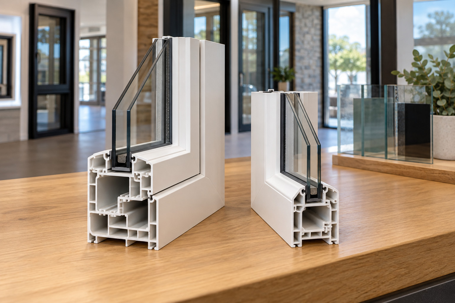 Two white uPVC window profile samples of different depths on a showroom counter