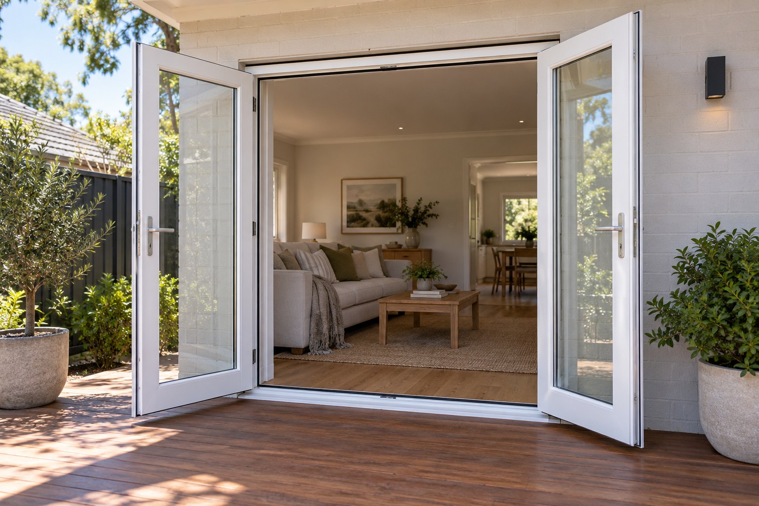 Outward-opening white French doors leading onto a deck