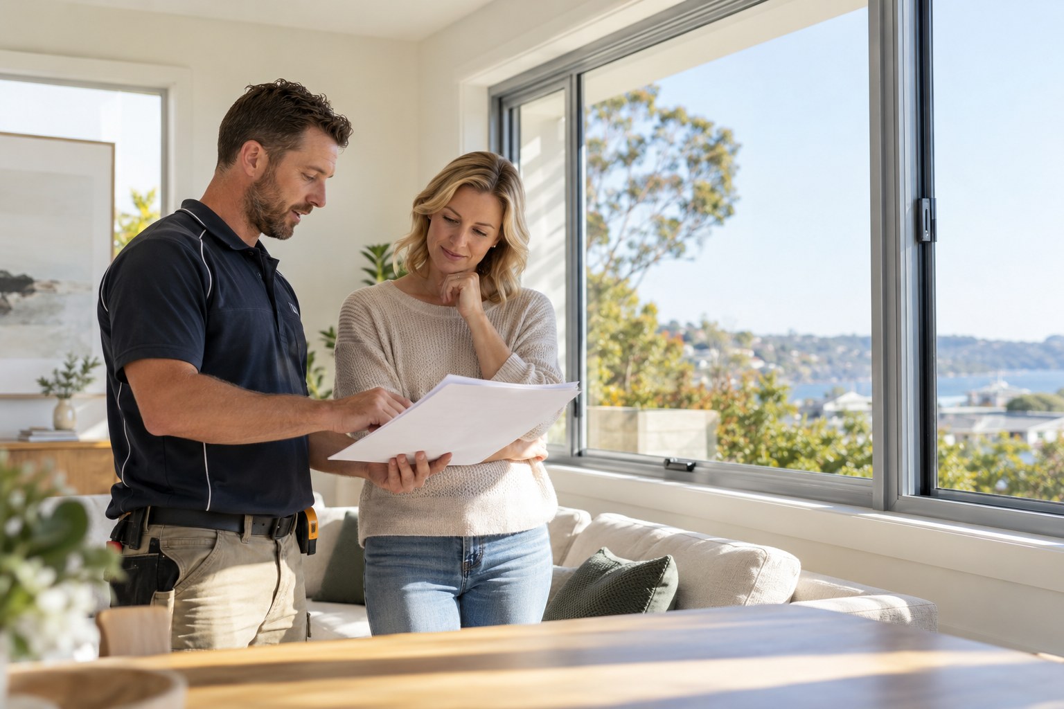 Installer discussing a window quote with a homeowner beside a window
