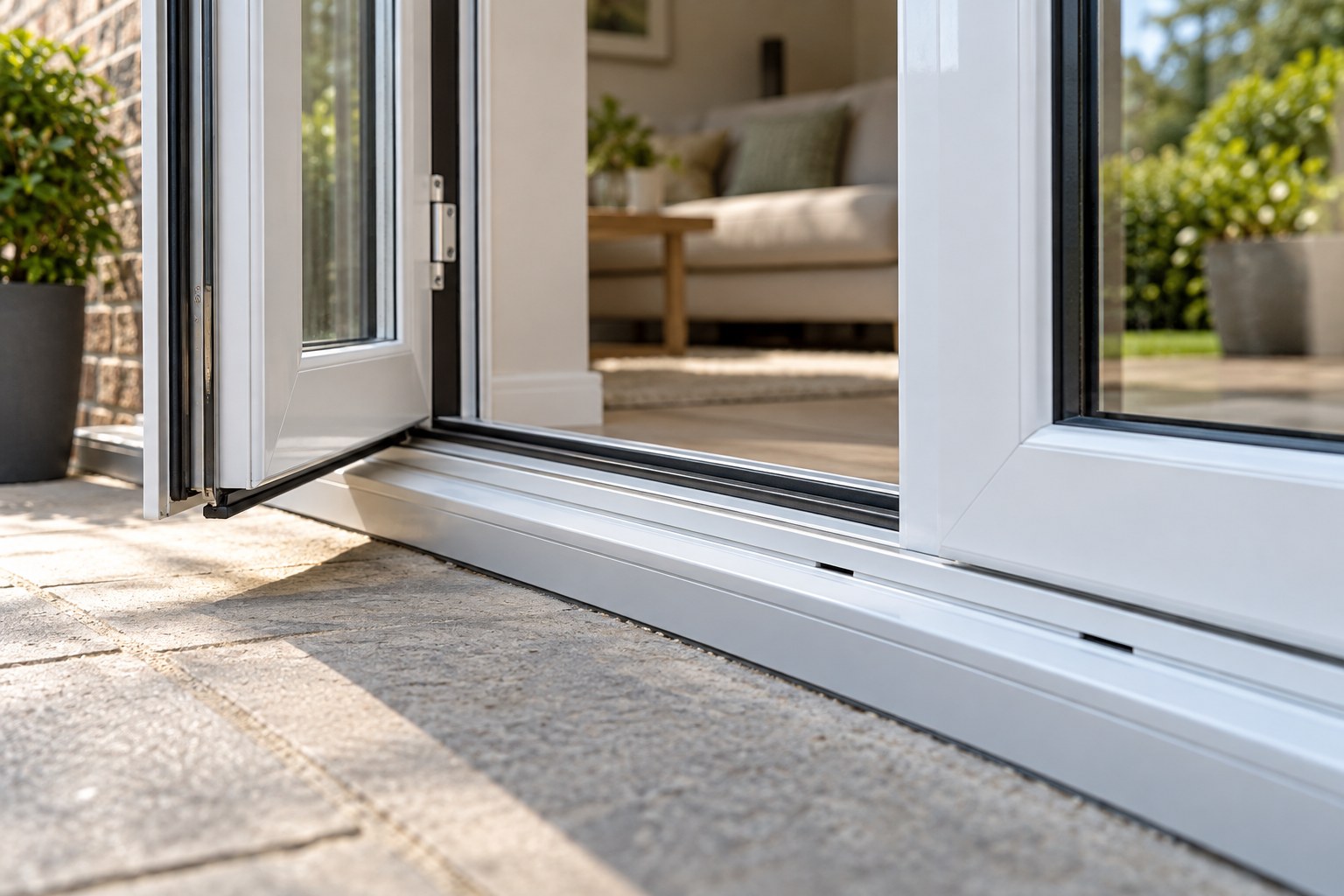 Low view of the threshold and seals of open white French doors