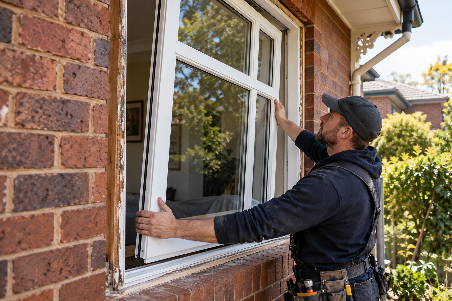 Installer positioning a new white window frame in an older brick home