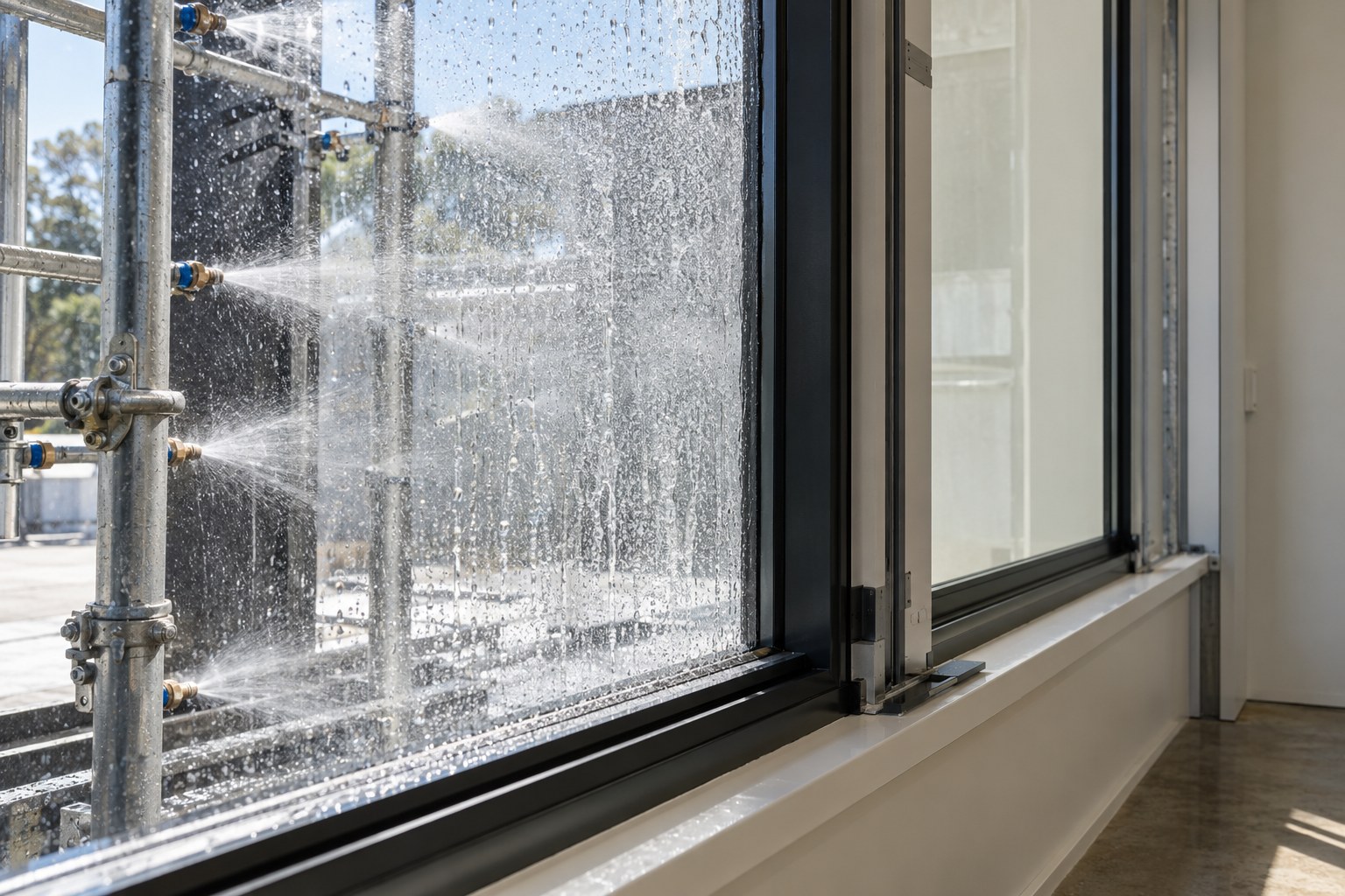 Water running down the exterior of a glazed window during a test