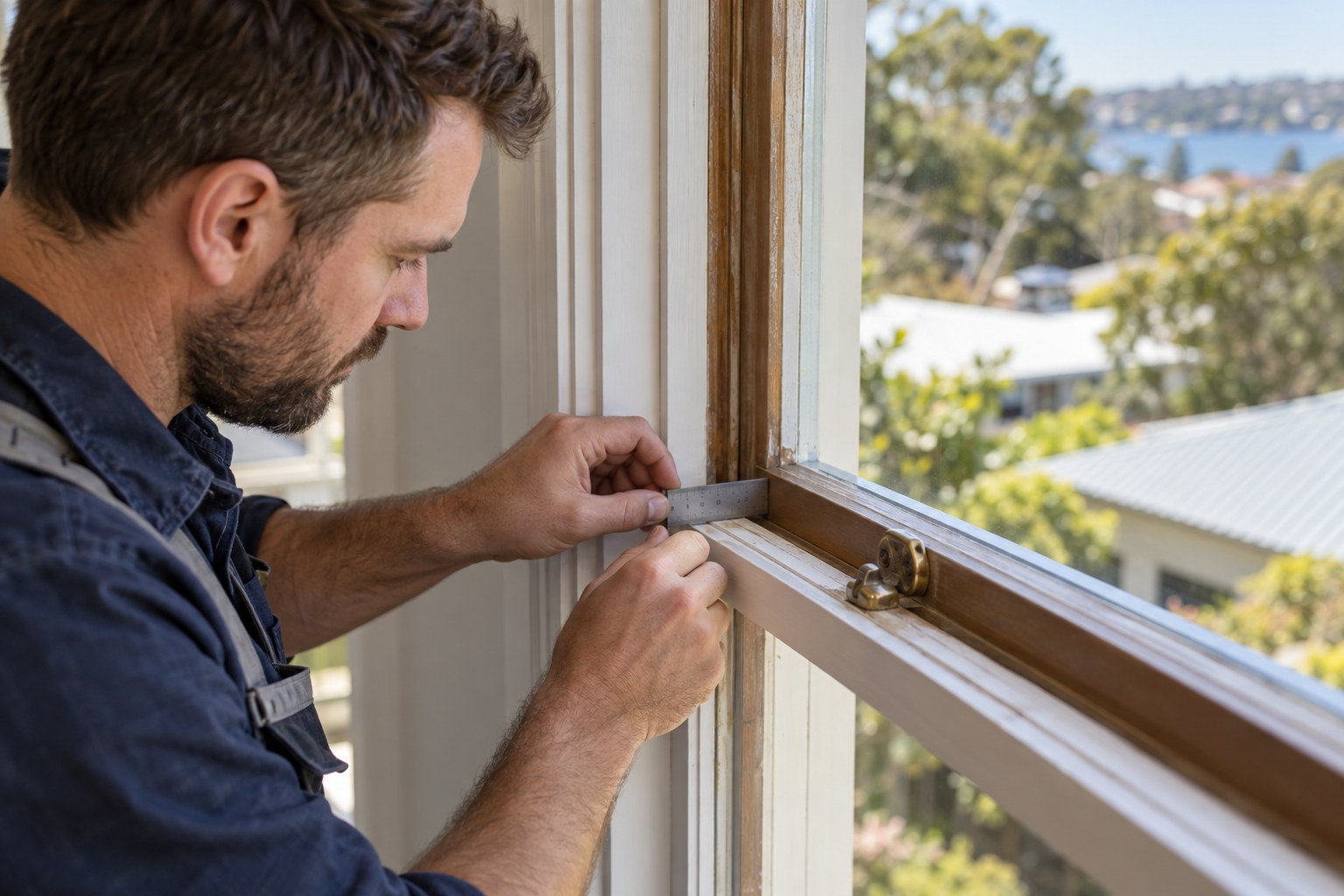 Installer assessing the rebate of an existing timber window frame