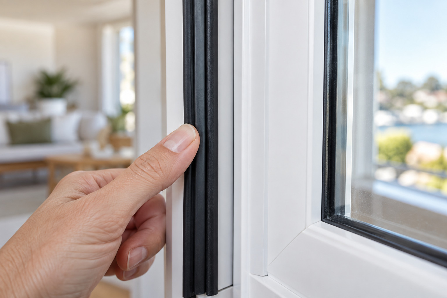 Hand checking the rubber seal of a white uPVC window sash