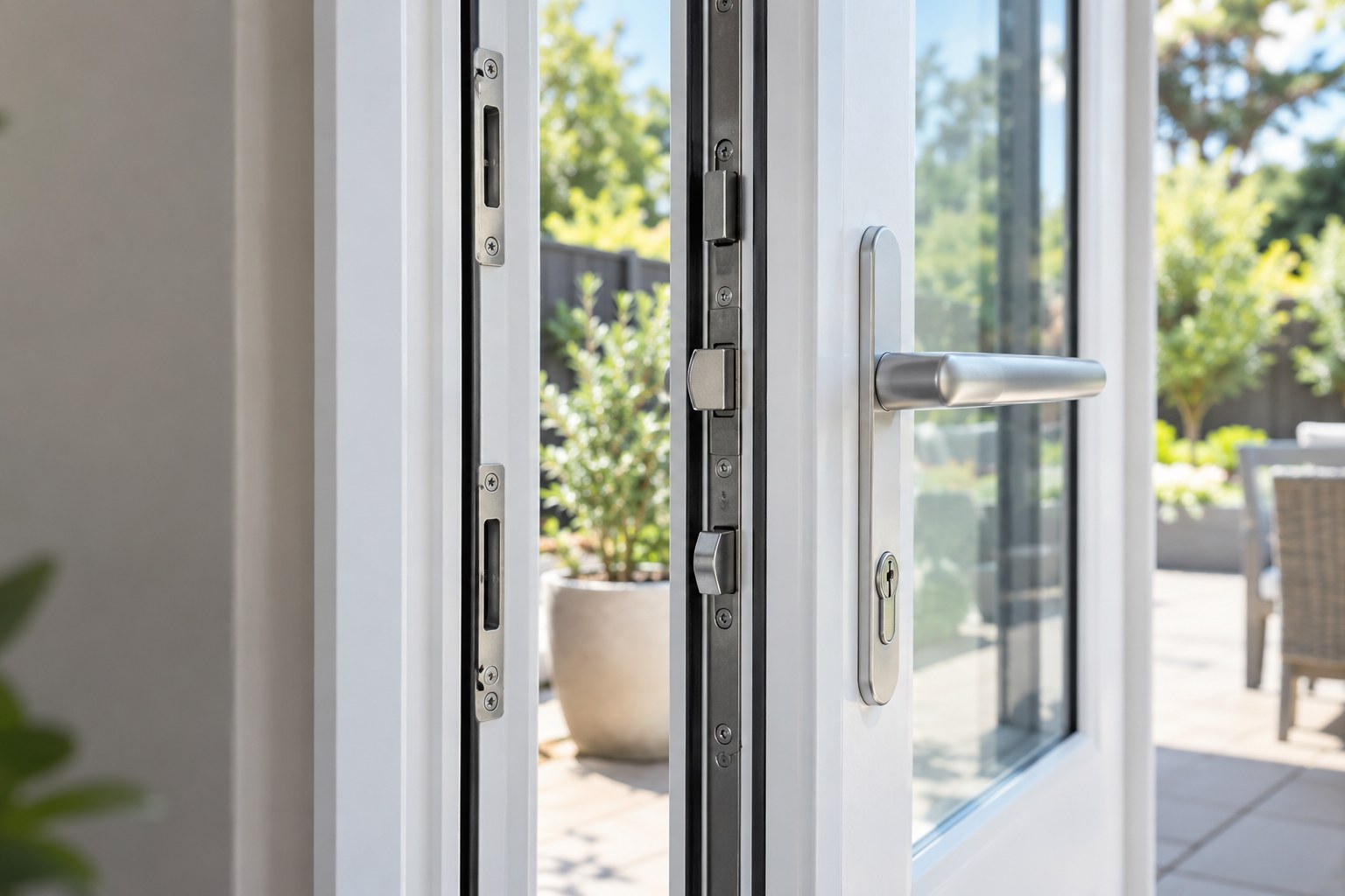 Close view of handle and locking hardware on a white French door