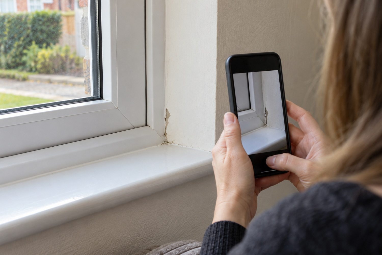 A homeowner photographs chipped paint on the plaster reveal beside a newly fitted window.