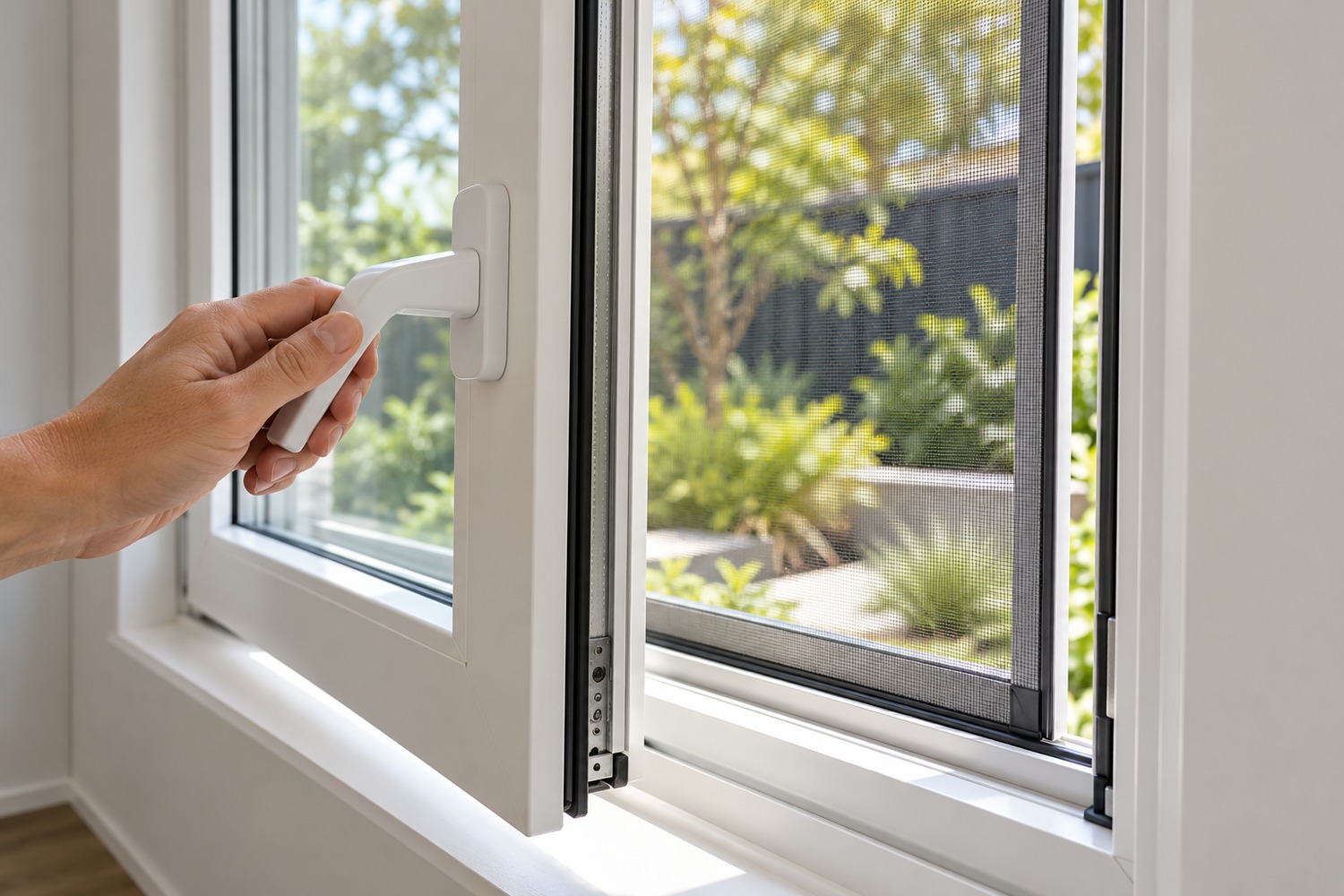 Hand operating a uPVC window handle with a separate framed insect mesh screen behind the open sash.