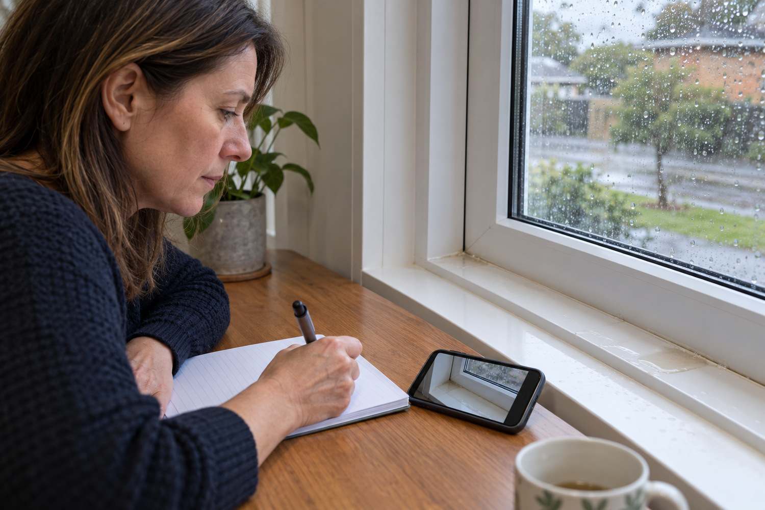 A homeowner records water on a window sill after rain, with a photograph beside her notes.