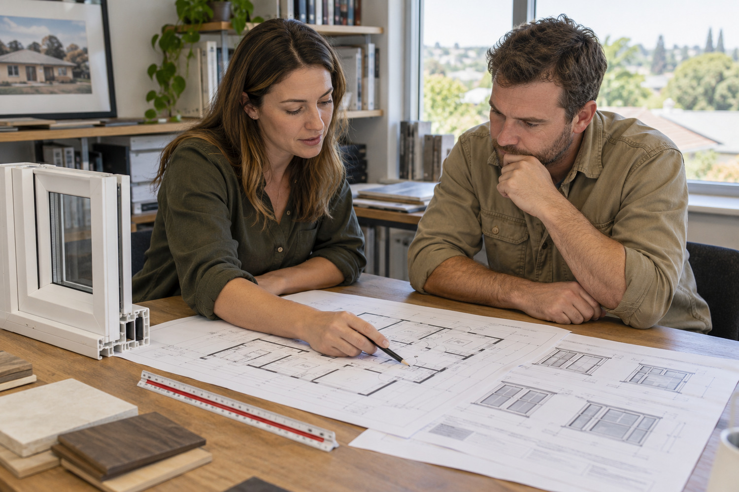 A designer and builder review house plans and window elevations beside a uPVC frame sample.