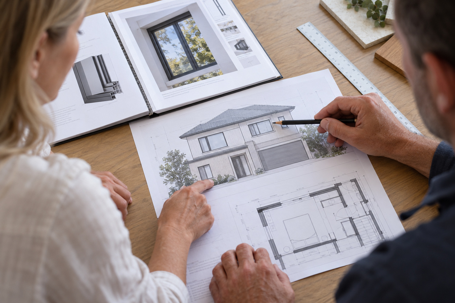 Two people compare an upstairs window on house elevations with a floor plan and window specifications.