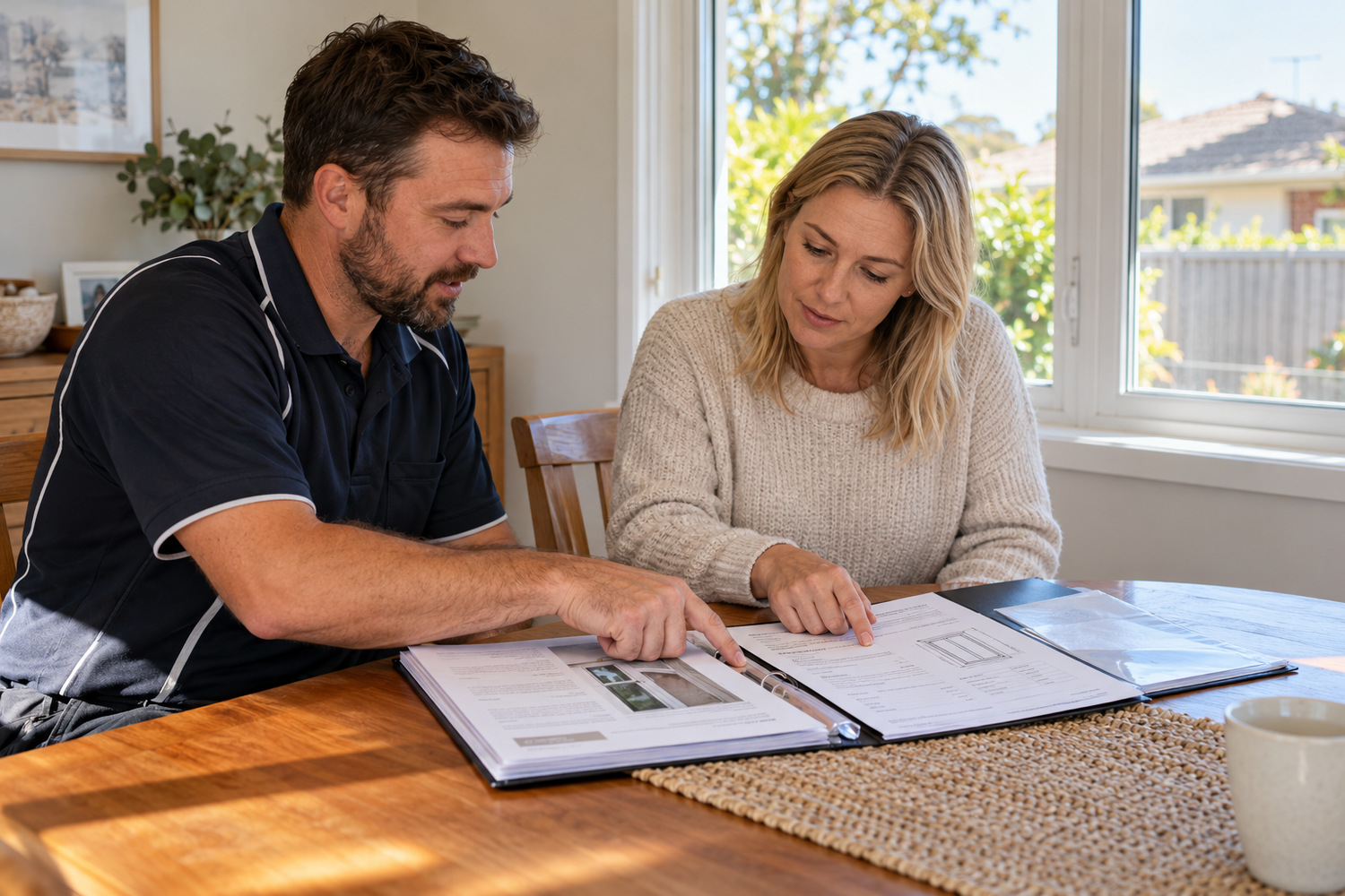 An installer and homeowner review window instructions and specification records in a folder.