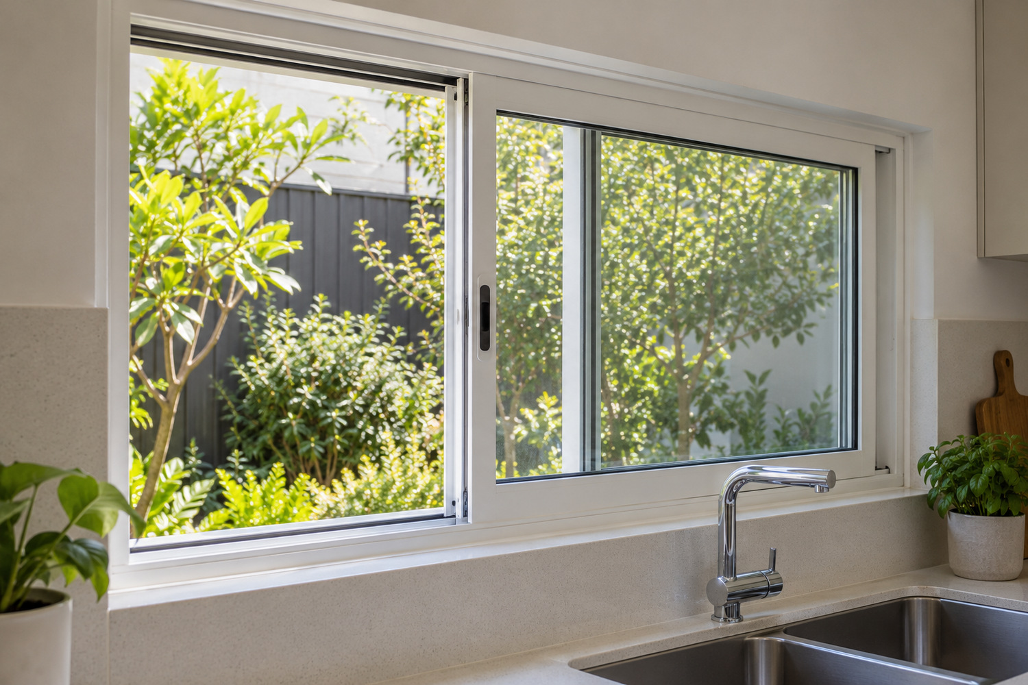 A kitchen sliding window is partly open to a leafy courtyard.