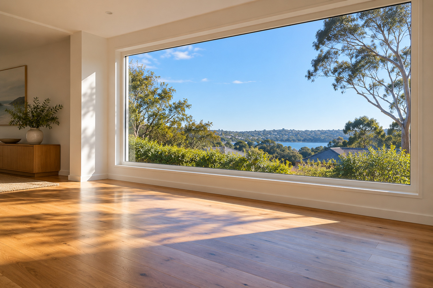 Sunlight passes through a broad fixed picture window onto a timber living-room floor.