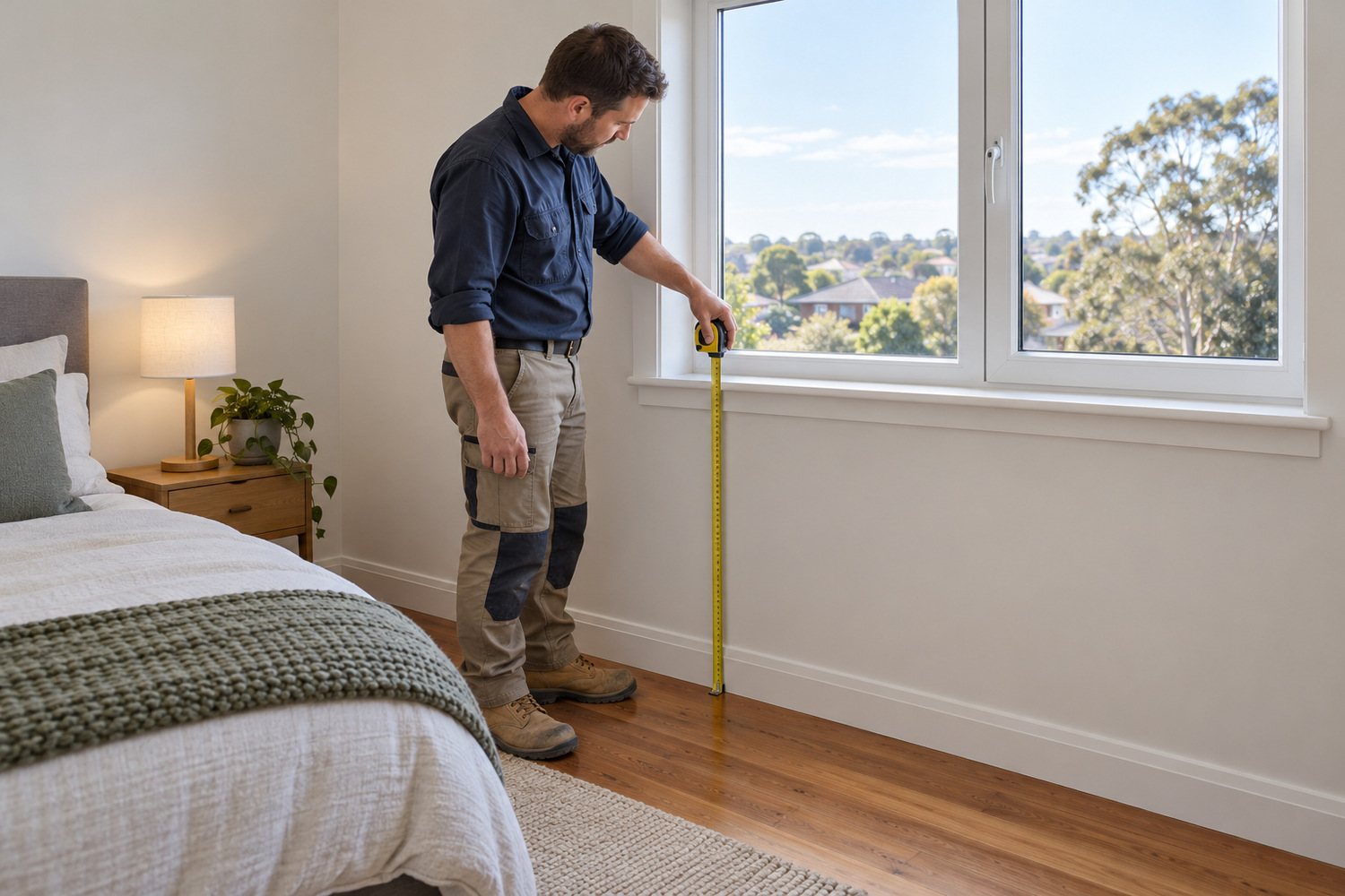 A professional measures from the bedroom floor to the sill of a closed upstairs window.