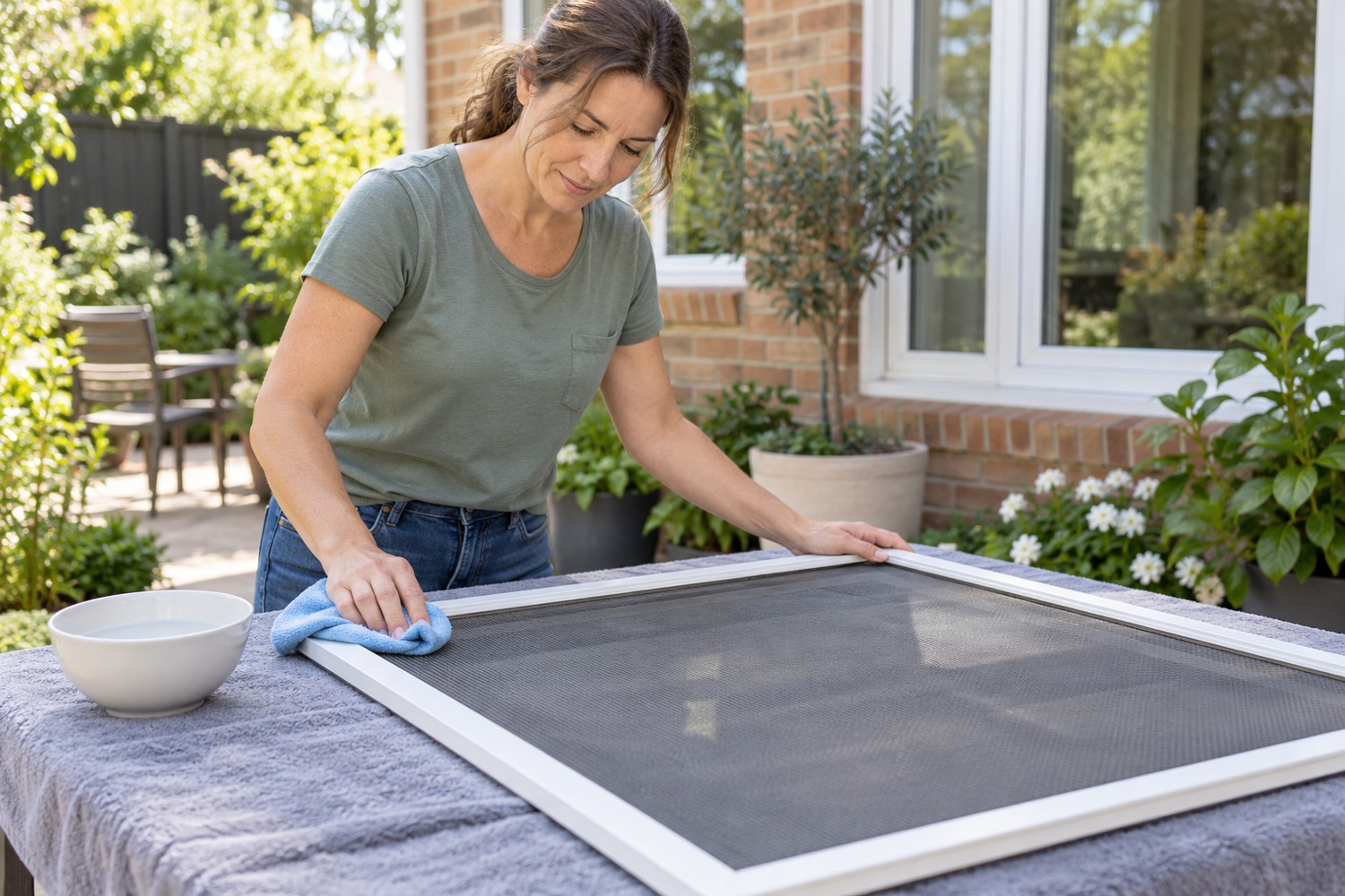Woman gently wiping a removable insect screen supported flat on a towel-covered outdoor table.
