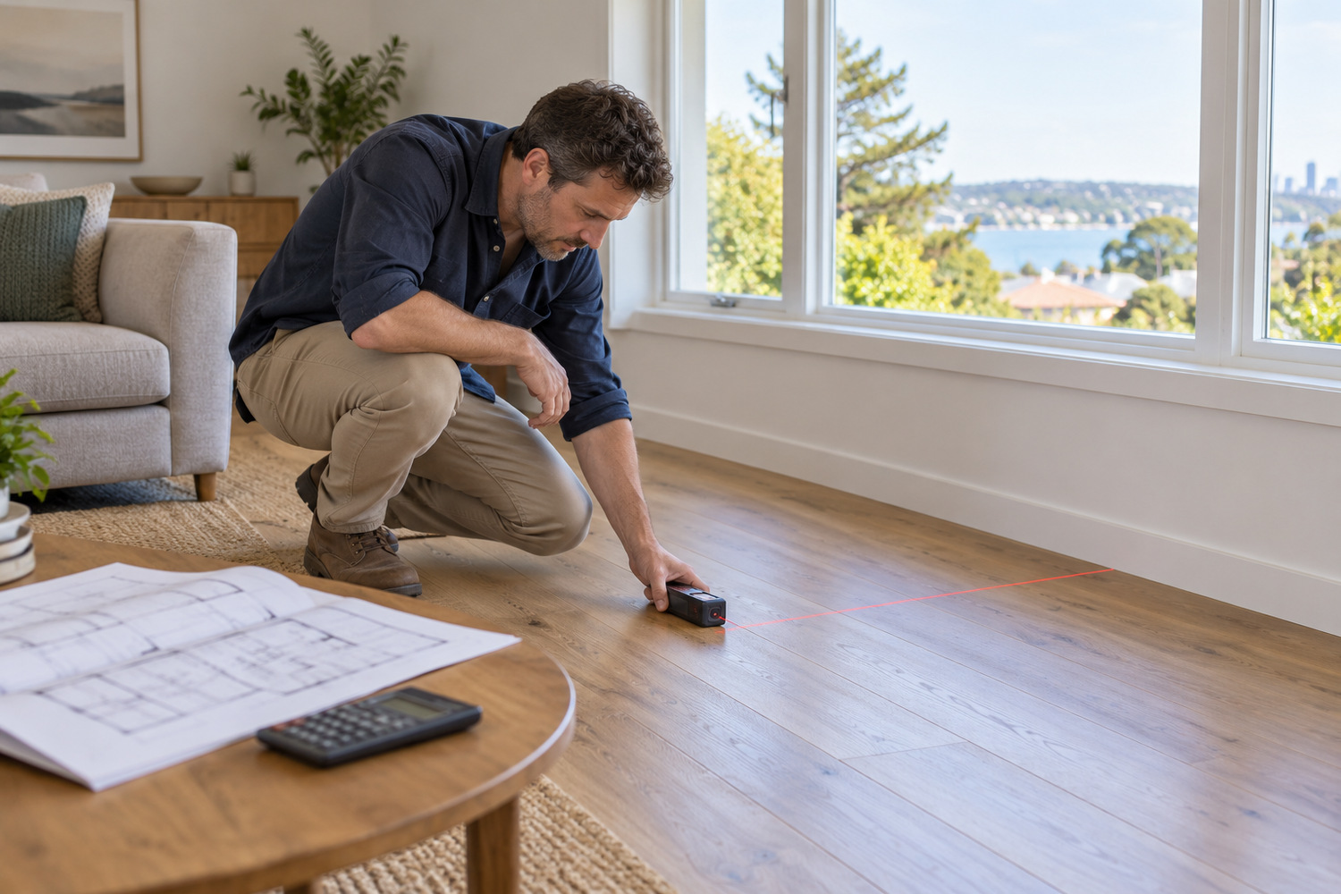 A designer measures a living-room floor beside windows, with a floor plan and calculator nearby.