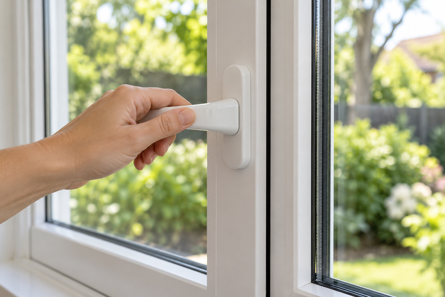 A homeowner lightly holds the lever handle while checking a new white window.