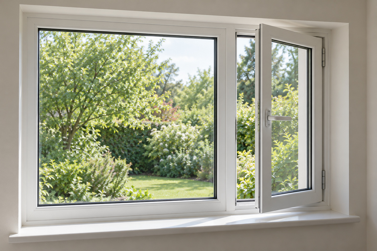 A white window assembly has a broad fixed pane and a separate open side-hinged sash.