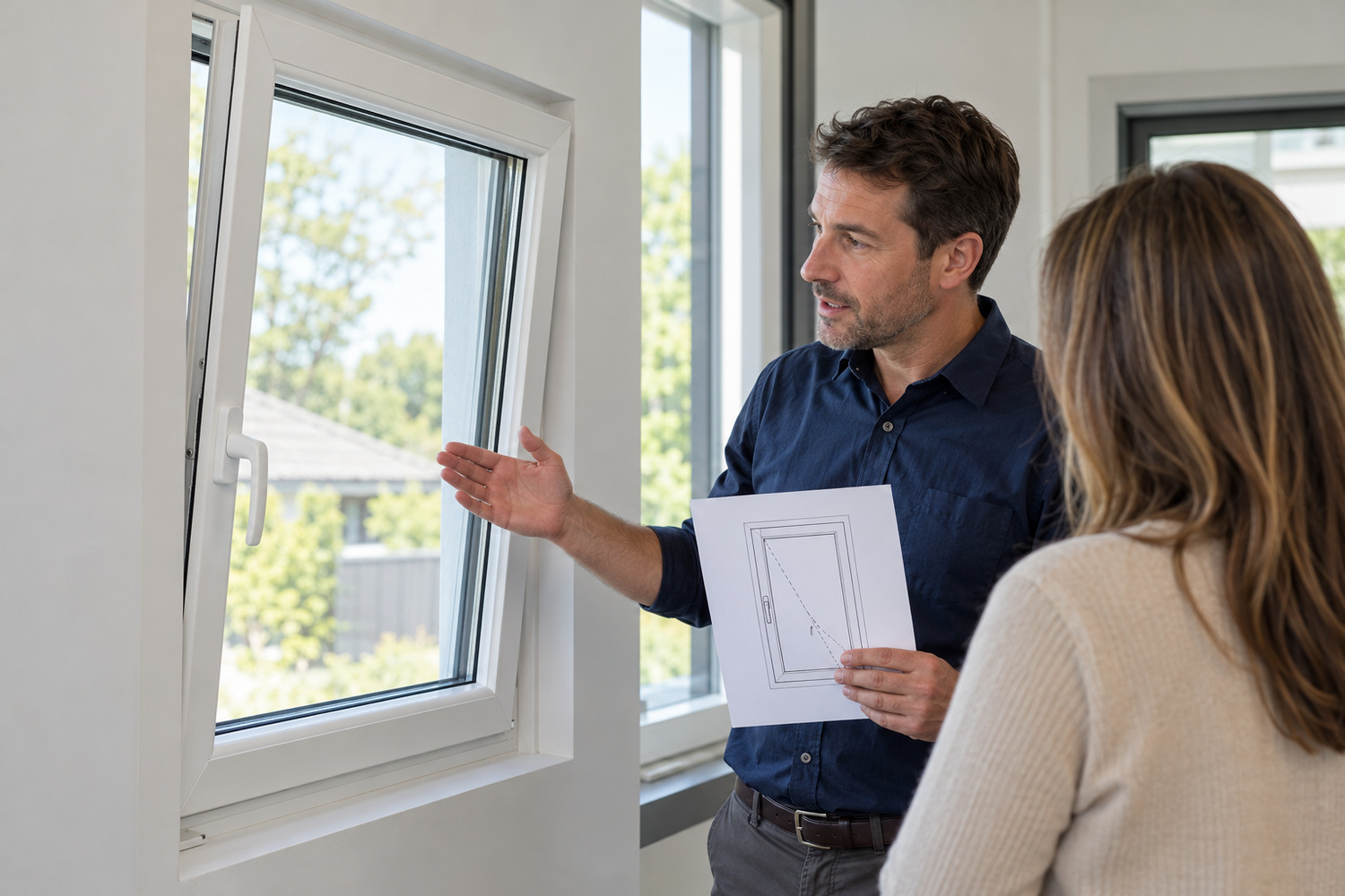 A consultant explains a tilt-and-turn window configuration beside an inward-tilted sash.