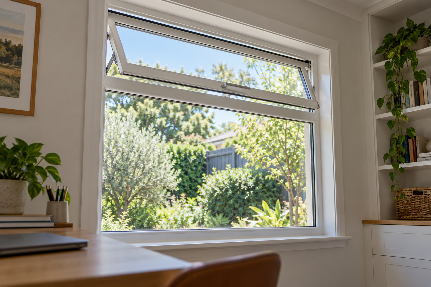 A smaller opening sash sits above a large fixed pane in a white window assembly.